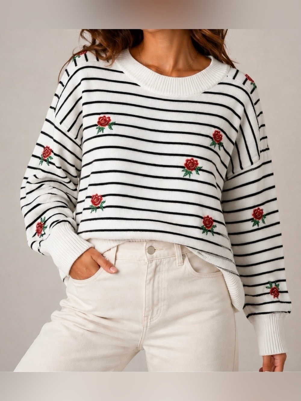 Joseph A Sweater Crew Stripes Roses Floral Embroidered Sequins Women's Medium